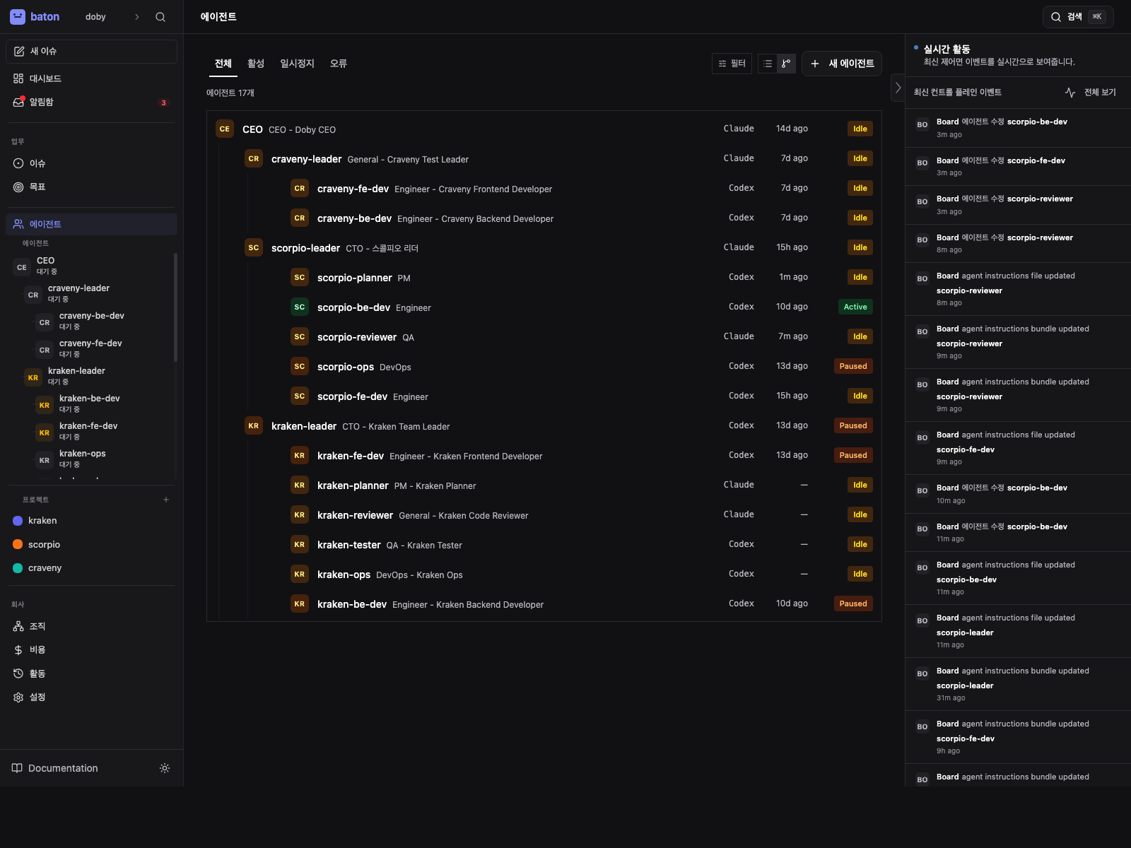 Agents list showing the org, adapter types, and current status chips.